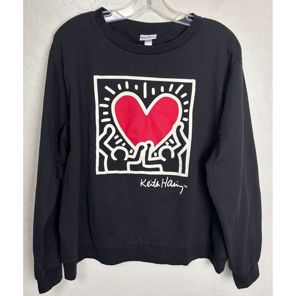Keith Haring Heart Graphic Sweatshirt Black Crewneck Fleece Pullover XL 2378